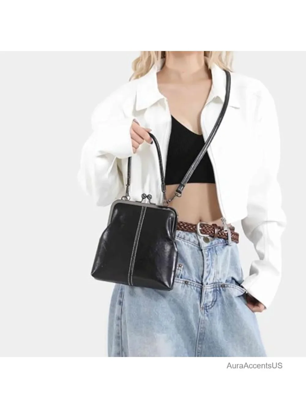 Vintage Kiss Lock Crossbody Purse Faux Leather Small Structured Bag